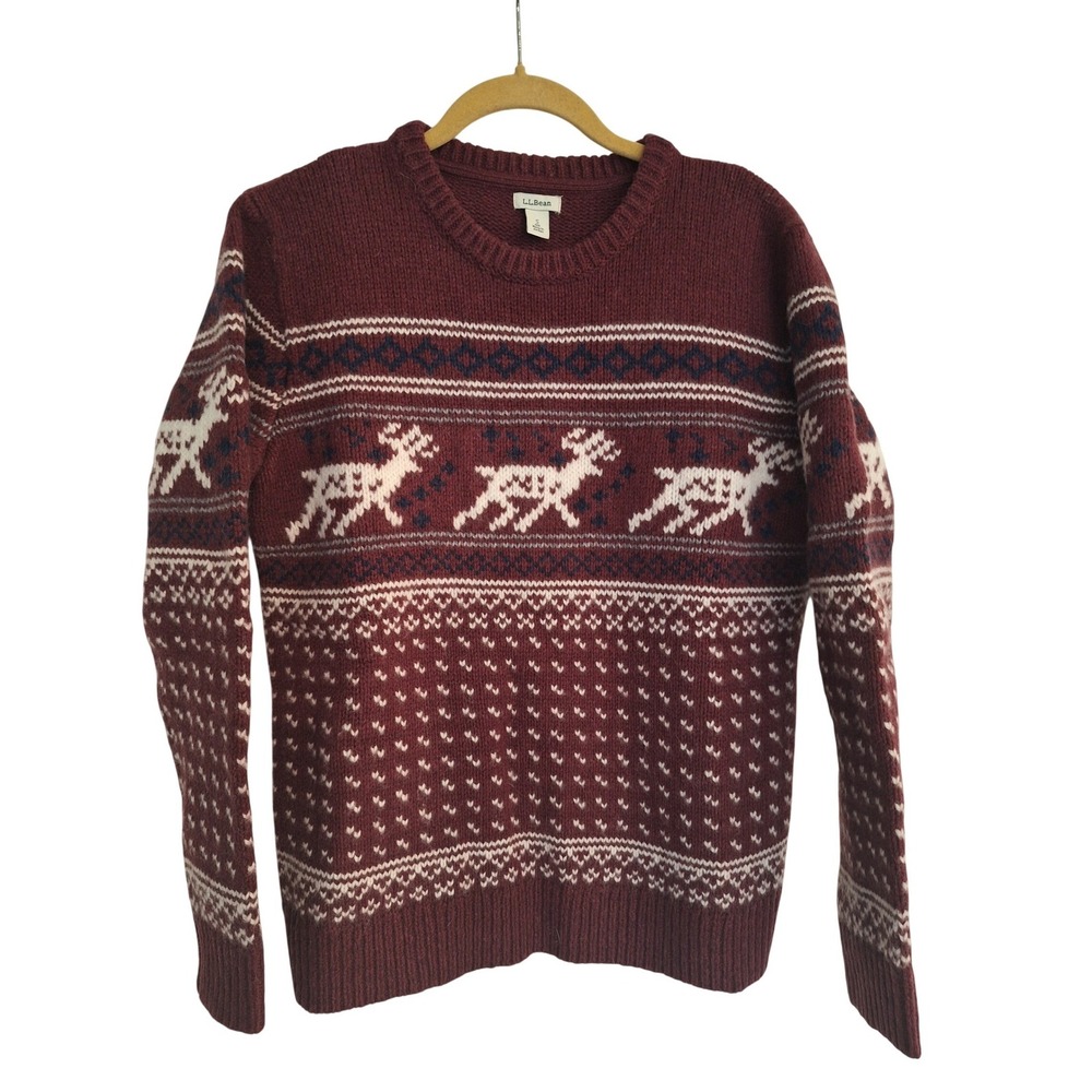 L.L.Been red‎ wool crewneck intarsia sweater deer fair isle size S